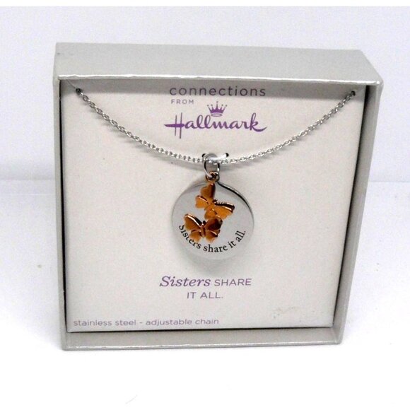 Hallmark "Sisters Share It All" Stainless Steel Pendant Necklace w Adj Chain - Picture 2 of 3